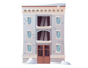 Cartoon vector winter house. Isolated Architectural modern building covered with snow and snowdrifts.