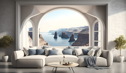 Luxury apartment terrace Santorini Interior of modern living room sofa or couch with beautiful sea view. generative ai.