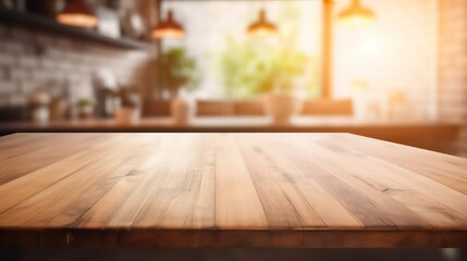 Fototapeta na wymiar Wooden table top on blur kitchen counter in blur kitchen with blur kitchen background kitchen room