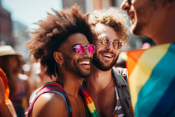 Lovely laughing male gay couple having fun at the LGBTQI pride parade - obrazy, fototapety, plakaty