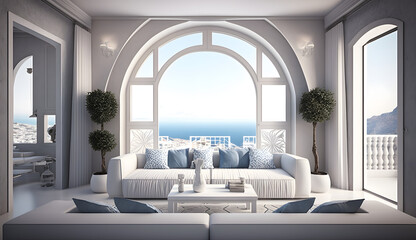 Luxury apartment terrace Santorini Interior of modern living room sofa or couch with beautiful sea...