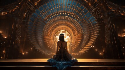 View from the back, egyptian woman queen standing inside the Pyramid. Fantasy background. AI generated image