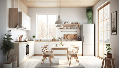 Minimalist Scandinavian Kitchen with Wood Accent. generative ai.