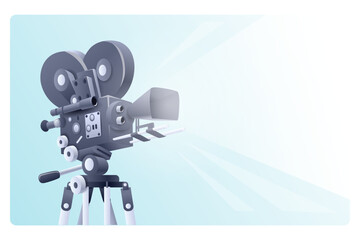  Illustration of a retro video camera for films. Place for text. Vintage banner on the theme of going to the cinema, films, videos.