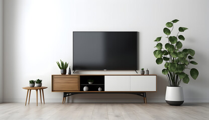 Television put on tv stand wood table, in minimal empty space livingroom room background white wall. generative ai.