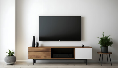 Television put on tv stand wood table, in minimal empty space livingroom room background white...