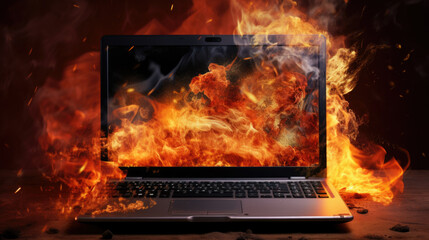 Burning laptop and keyboard, equipment fire due to faulty battery and wiring. Laptop Computer setting the world on fire. Laptop burning in flames. Fire hazard. Losing valuable data. Laptop Damage.