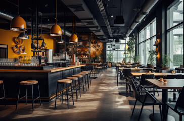Cozy wooden interior of restaurant, copy space. Comfortable modern dining place, contemporary design background.
