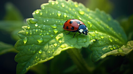 Fototapeta premium red ladybug on a green leaf in the grass, close-up blurred.