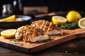 Close-up grilled chicken breast with spice on a cutting board - obrazy, fototapety, plakaty