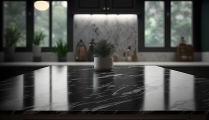 Modern empty dark marble table top or kitchen island on blurry bokeh kitchen room interior background. for montage product display. generative ai. - obrazy, fototapety, plakaty