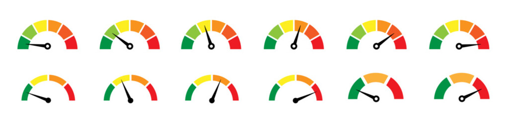 Risk meter icon set. Risk concept on speedometer. Set of gauges from low to high.  Vector illustration. - obrazy, fototapety, plakaty