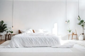 Craft a scene of a serene bedroom with a meticulously arranged white duvet as the focal point