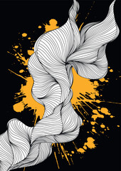 Abstract composition of wavy black lines on the background of a orange grunge blob