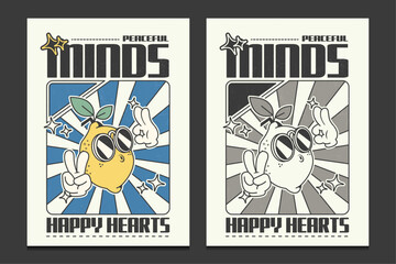 retro 70s posters with a cute lemon cartoon character, vector illustration