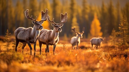 Reindeer peacefully grazing in a sunlit meadow surrounded by Lapland's golden autumnal colors