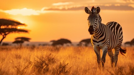 Fototapeta na wymiar A zebra grazing in the golden light of the African savannah