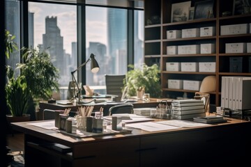 Close-up of a desk in modern office. A lot of papers, closed and open folders with documents, stationery on a large office table. Panoramic windows overlooking the city in the background. - obrazy, fototapety, plakaty