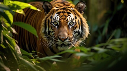 A magnificent Bengal tiger prowling through a dense jungle