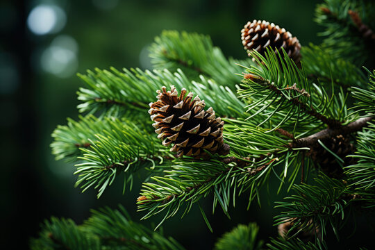 Winter Whispers: Pine Cones Clustered on a Frosty Branch - Generative AI