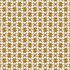 Seamless floral pattern with green and orange flowers on a white background.