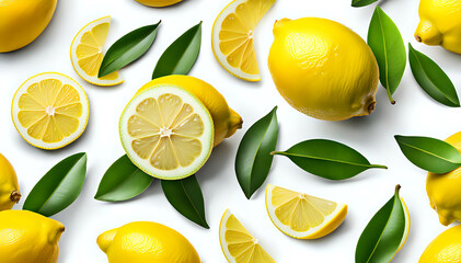 Lemon fruit with green leaves - set composition of food photography
