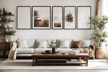 Rectangular coffee table near white sofa and rustic cabinets on white wall with empty poster frames with copy space. Japanese interior design of a modern living room - Generated with AI