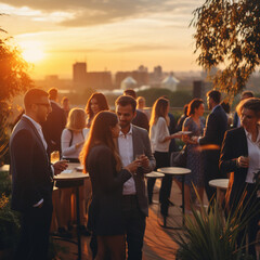 Fototapeta premium People meeting each other in a business networking on a roof at sunset.