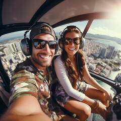 Couple enjoying a helicopter tour over a city. - obrazy, fototapety, plakaty