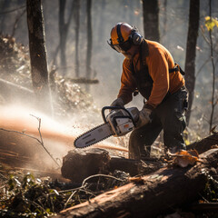 Lumberjack cutting a tree with a chainsaw. - obrazy, fototapety, plakaty