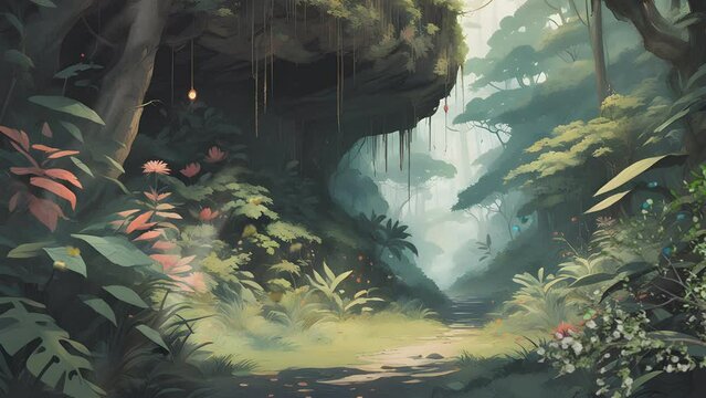 Wonderful fantasy jungle forest with trees. Cartoon or Japanese anime illustration painting style. seamless looping 4K virtual video animation background