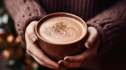 Poster Female hands holding a cup of hot chocolate, close-up. © Synthetica