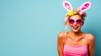 Woman wearing bunnyears headband and glasses on isolated blue background - ai generative
