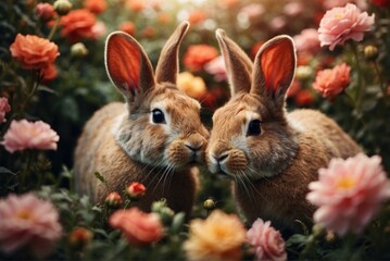 Two cute bunnies kiss in flowers. AI generated