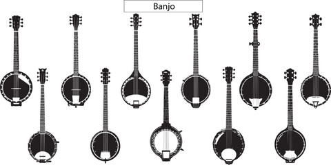 Set of Banjo Musical instrument black and white