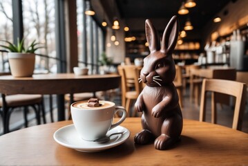 Coffee cup with chocolate bunny on wooden table. AI generated - obrazy, fototapety, plakaty