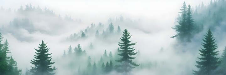 Fototapeta na wymiar Misty Pine Grove. Top View Watercolor Painting of Fog-Covered Evergreen Trees. Banner Illustration.