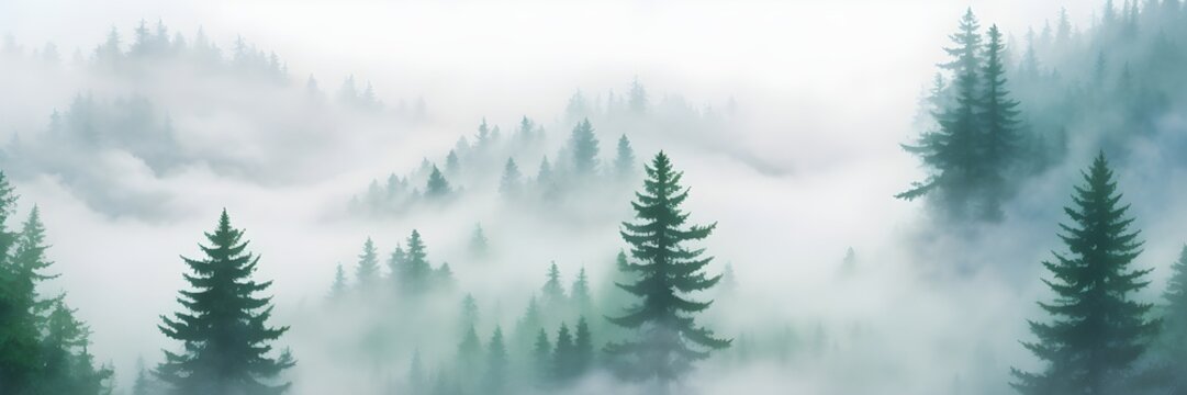 Misty Pine Grove. Top View Watercolor Painting of Fog-Covered Evergreen Trees. Banner Illustration. © Adam