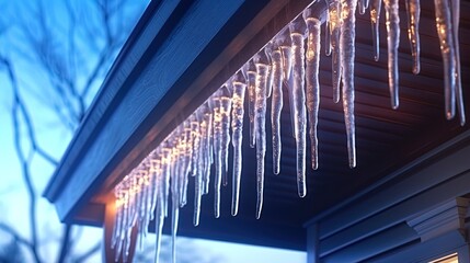 Crystal icicles hanging from the roof of the house in the winter evening light - obrazy, fototapety, plakaty