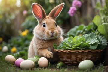 Easter Bunny in the Garden eating cabbage. AI generated