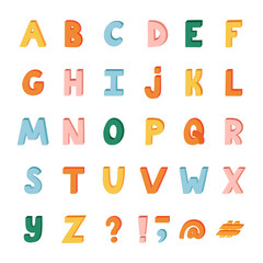 Cute funky 3d alphabet set with volume. Bold font with shadow. Funny latin ABC with uppercase letters and punctuation marks for cover, logotype, festival headline, greeting card, poster design.