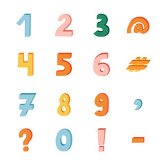 Cute funky 3d number set with volume. Chunky bold symbols with shadow. Funny numbers and punctuation marks for book cover, logotype, design template, poster, banner, greeting card
