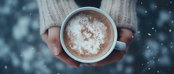 Female hands holding a cup of hot coffee with foam against snow falling. - obrazy, fototapety, plakaty