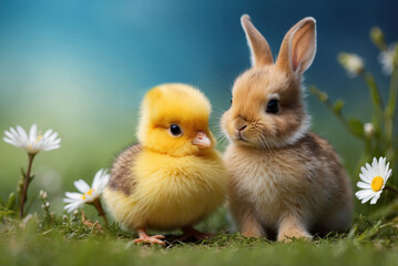 Little cute bunny and chick on blue spring background, Easter concept. AI generated