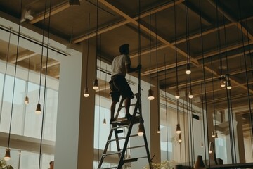 Man repair light lamp chandelier lighting cafe restaurant establishment inside design interior worker eatery modern style comfortable decor equipment illuminated service cosy hotel luxury architecture