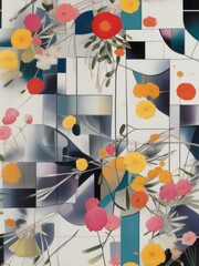 A vibrant combination of abstract art and flowers on a white background. Geometric shapes and Japanese style.