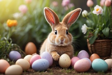 Happy Easter bunny with many colorful Easter egg. AI generated