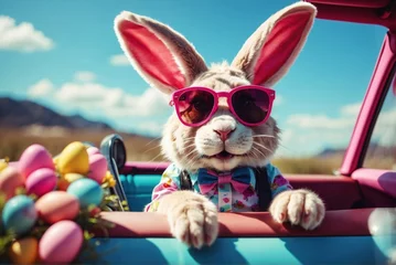 Gordijnen Happy Easter bunny in colorful glasses drive, AI generated © Mystery
