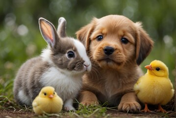 Little puppy with bunny and chick on the grass, Easter concept, AI generated