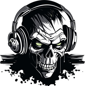 skull wearing headphones black and white clip art preview